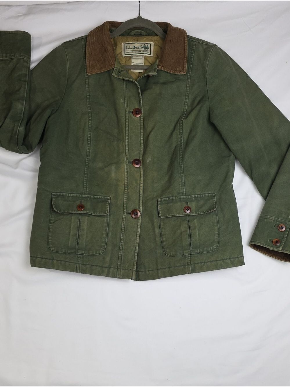 L.L. Bean Olive Green Utility Jacket with Brown Corduroy Collar Large Pet